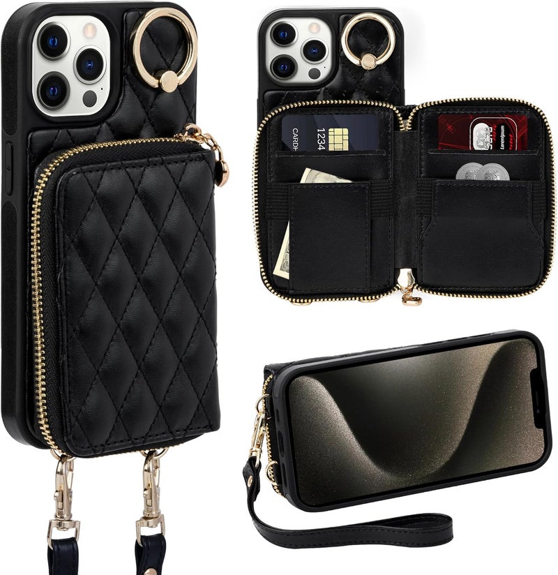 Keallce Case for iPhone 12 Pro/iPhone 12 6.1'' Wallet Case, Crossbody Zipper Purse Handbag Wristlet for Women, RFID Blocking Card Holders, Ring Kickstand Flip Leather Cover for iPhone 12/12 Pro, Black - Image 1